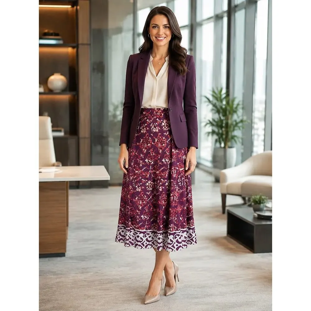 Coldwater Creek Skirt 14 Purple Floral Border Print Midi A Line Lined NWT Career